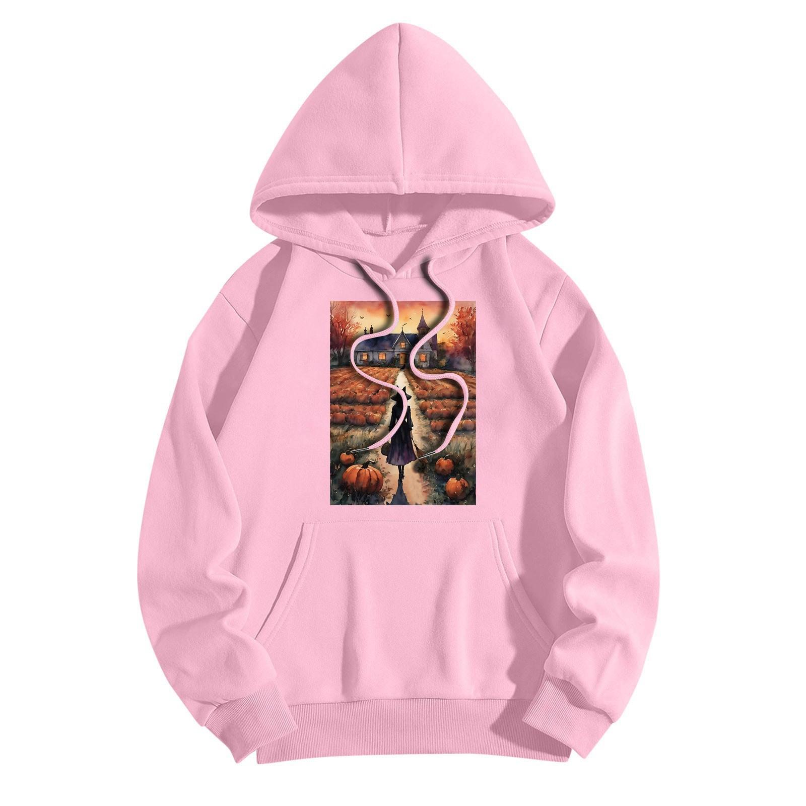 

Женская модная повседневная толстовка с капюшоном и принтом ведьмы на Хэллоуин с карманами и длинными рукавами XXXL розовый