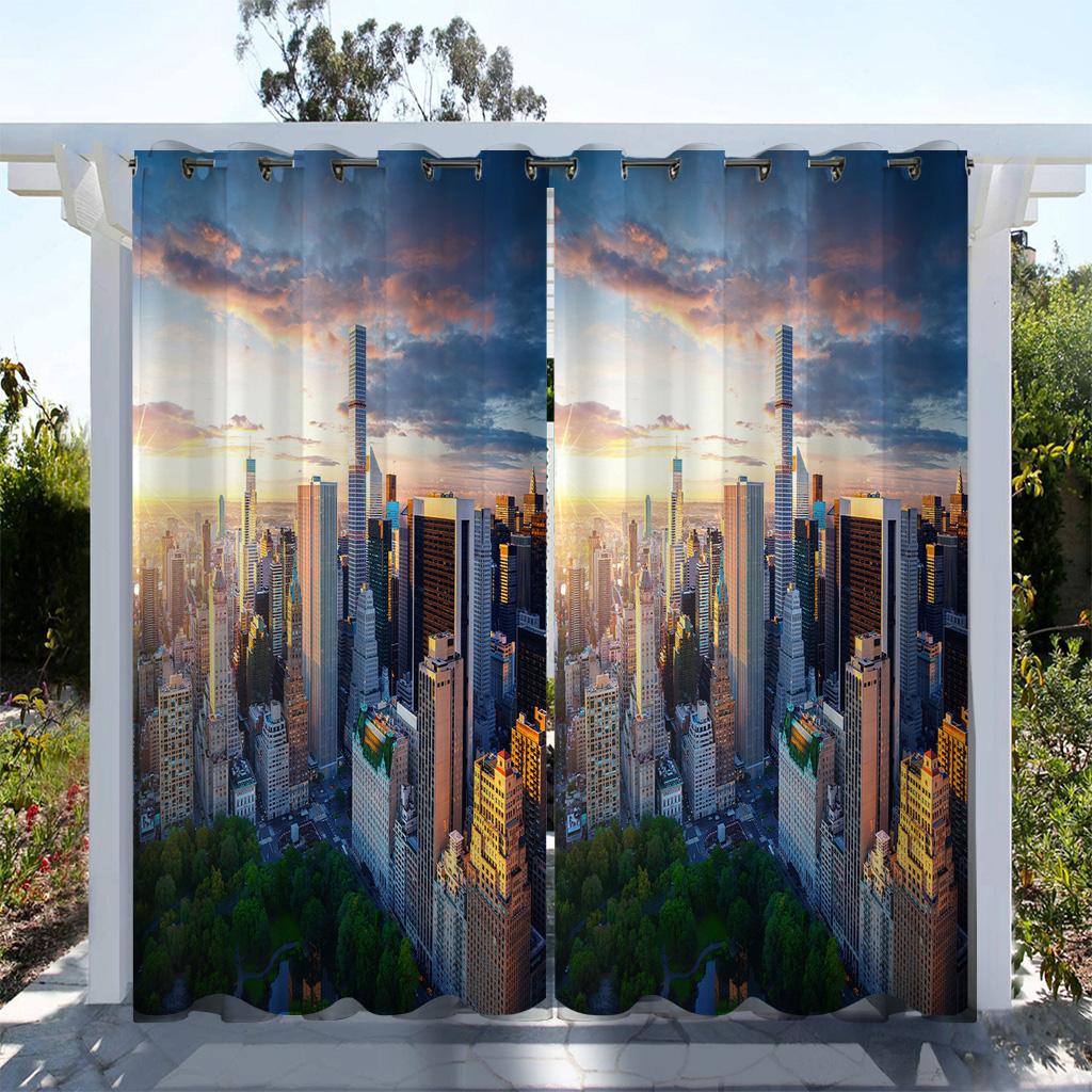 1pc Outdoor Waterproof Oil-proof Curtains,Modern Sunshade City Light Night View River Building Print Curtain For Living Room