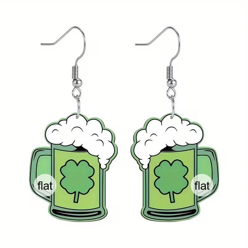 St. Patrick s Day Green Clover Beer Mug Shape Earrings 2D Acrylic Creative Beer Mug Earrings