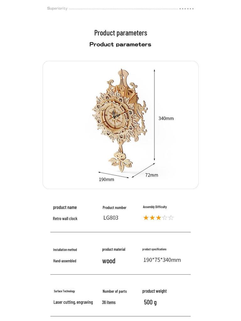 3D Wooden Stereo Puzzle Retro Wall Clock Model Ornament for Children's Early Education Play