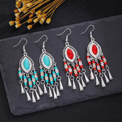 Retro Ethnic Gemstone Earrings Bohemian Color Beaded Fringed Earrings Scenic Long Earrings