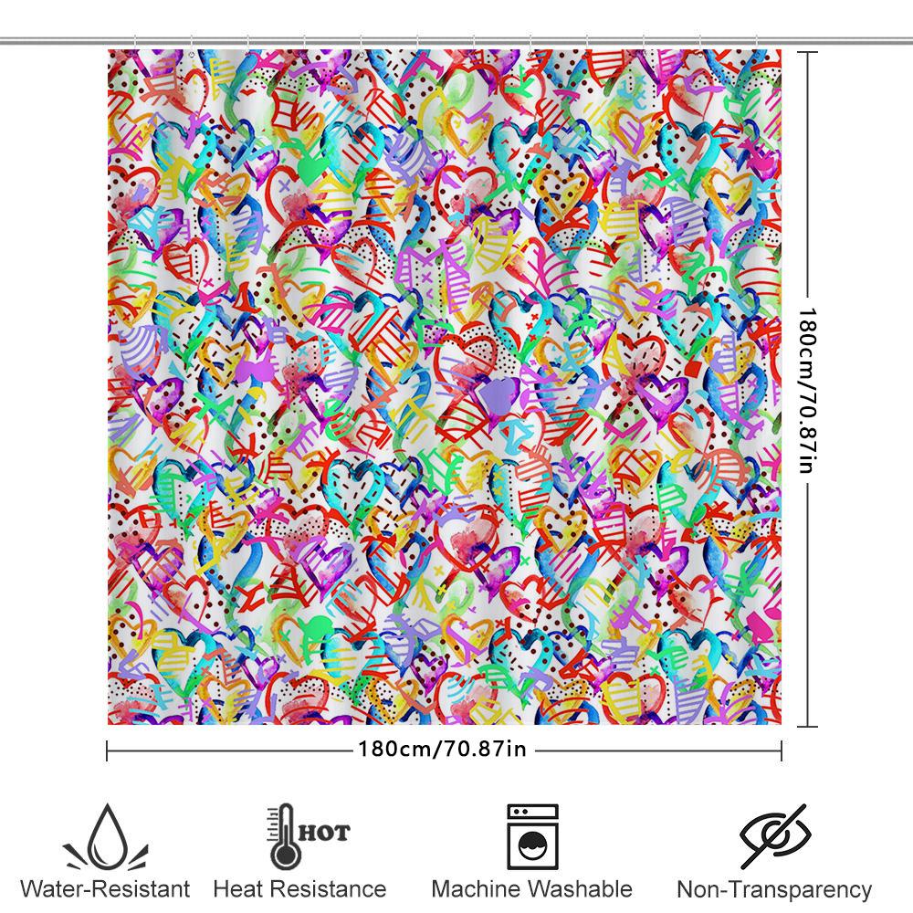 Colorful Love Heart Print Shower Curtain Waterproof Decorative Bathroom Liner Set