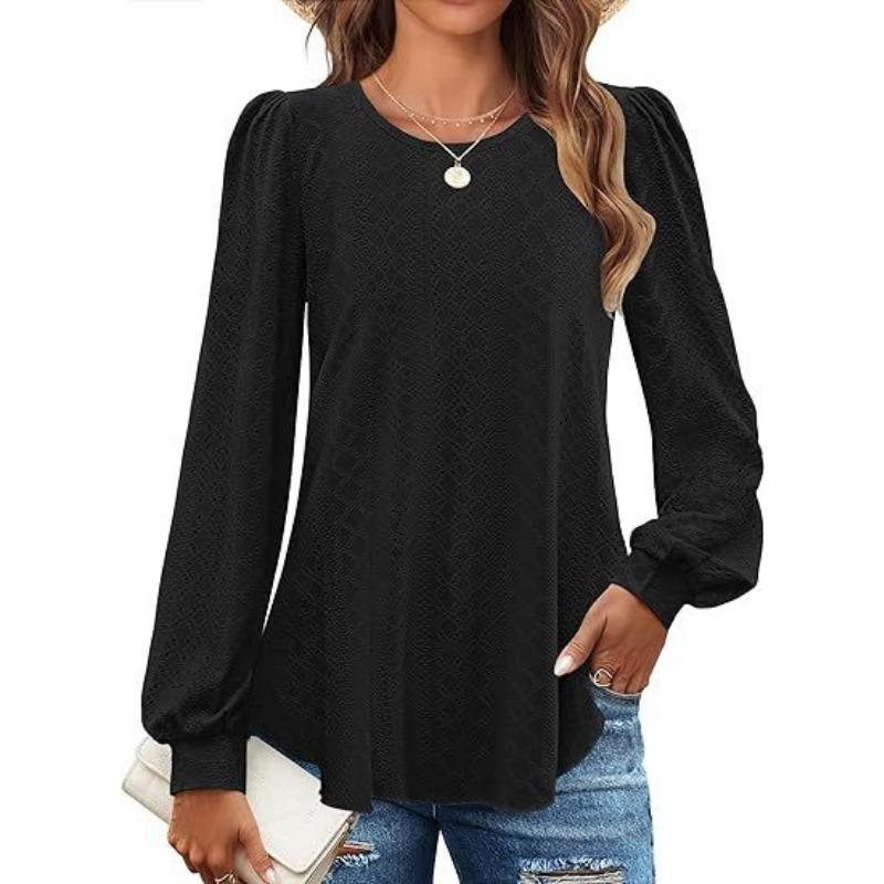 QICED Women's Fashion Casual Solid Color Print Long Sleeve O-Neck Blouses & Shirts