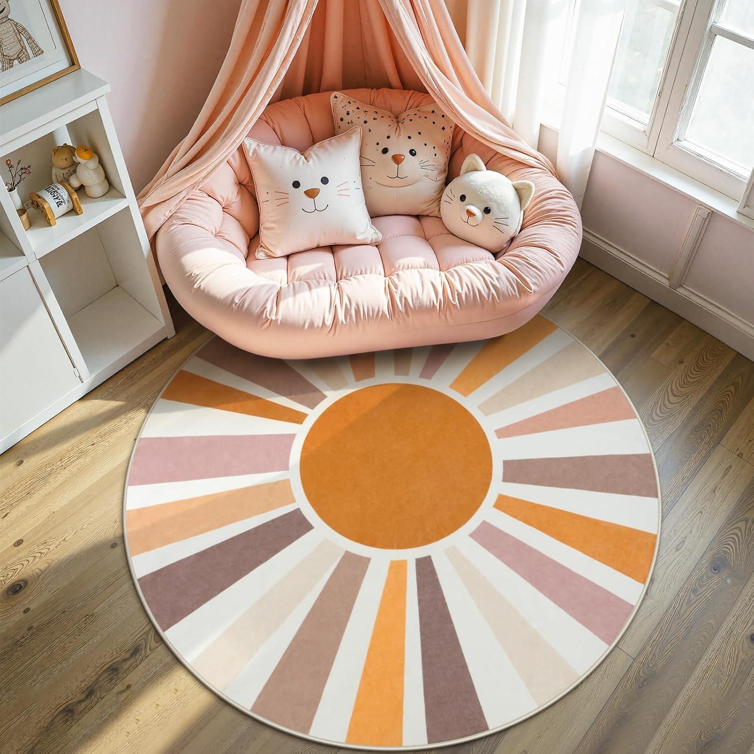 

Round Living Room Carpet Foldable Machine Washable Colorful Bohemian Style Sun Rainbow Mat Bedroom Bedside Cashmere Carpets Diameter 80cm