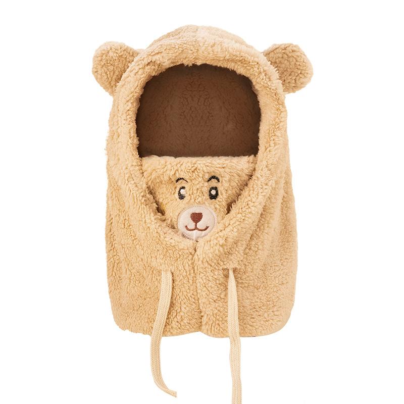 Cute bear hat, scarf, mask integrated, winter cycling neck protection, ear protection, windproof and cold protection, full face warm mask