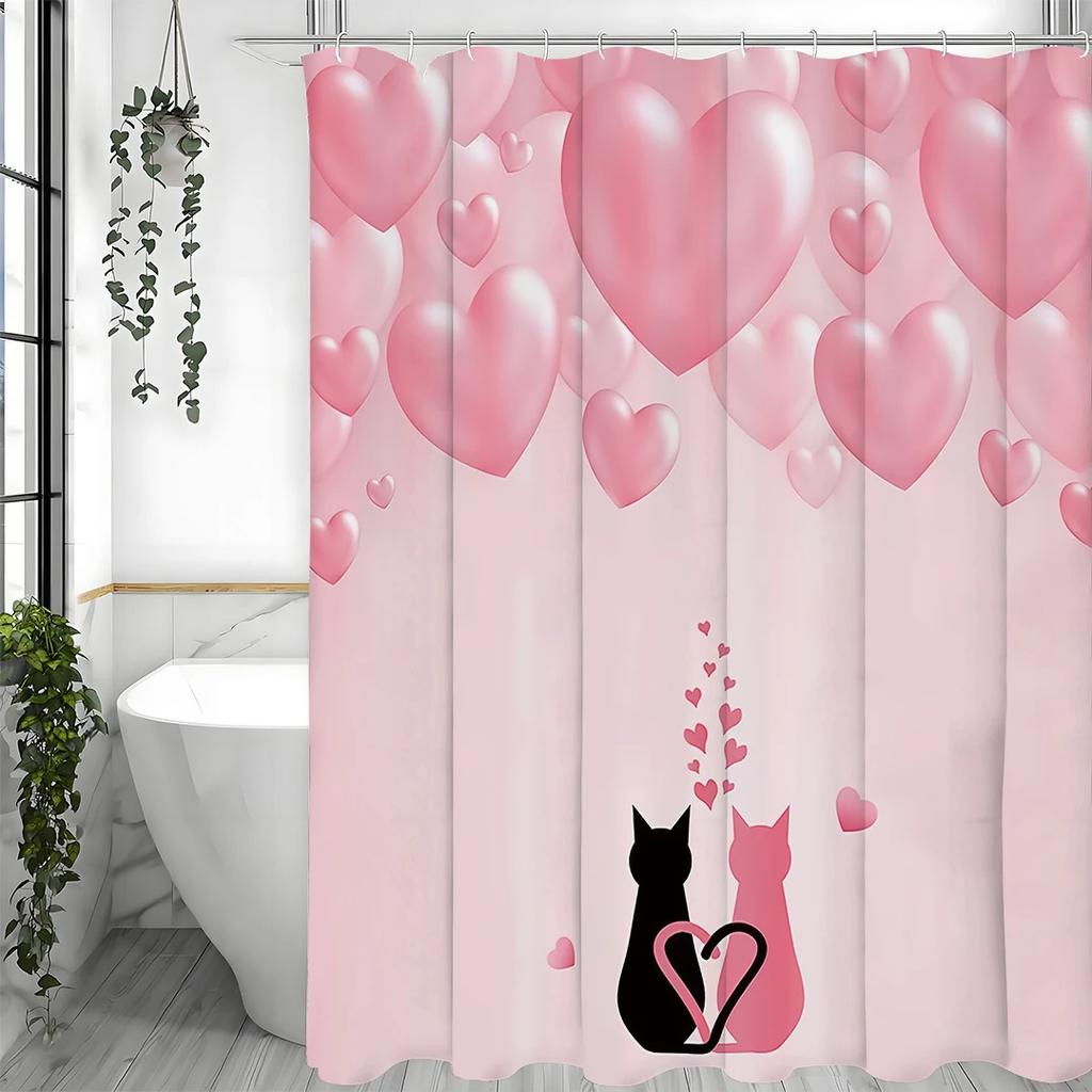 Valentine's Day Black Pink Cat Pink Love Shower Curtain, Bathroom Decorative Shower Curtain, Waterproof Shower Curtain with Ho