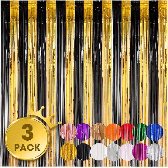 3 Pack 3.3x8.2 Feet Gold Foil Fringe Backdrop Curtains, Tinsel Streamers, Fringe Backdrop for 2025 New Years Eve, Graduation, Birthday, Baby Shower,