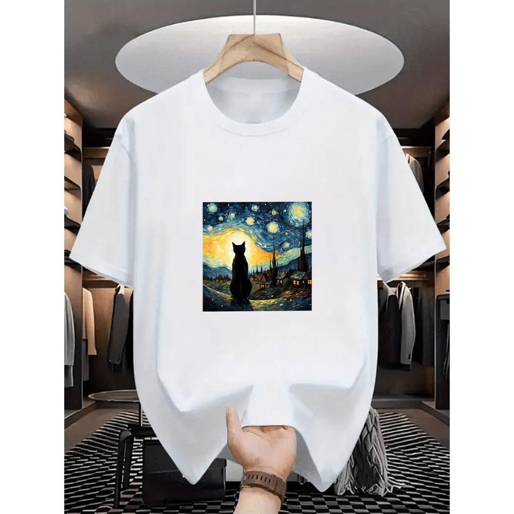 Oversized White Van Gogh Starry Night Black Cat Graphic Print Casual Short Sleeve T-Shirt Tee for Cat Lovers