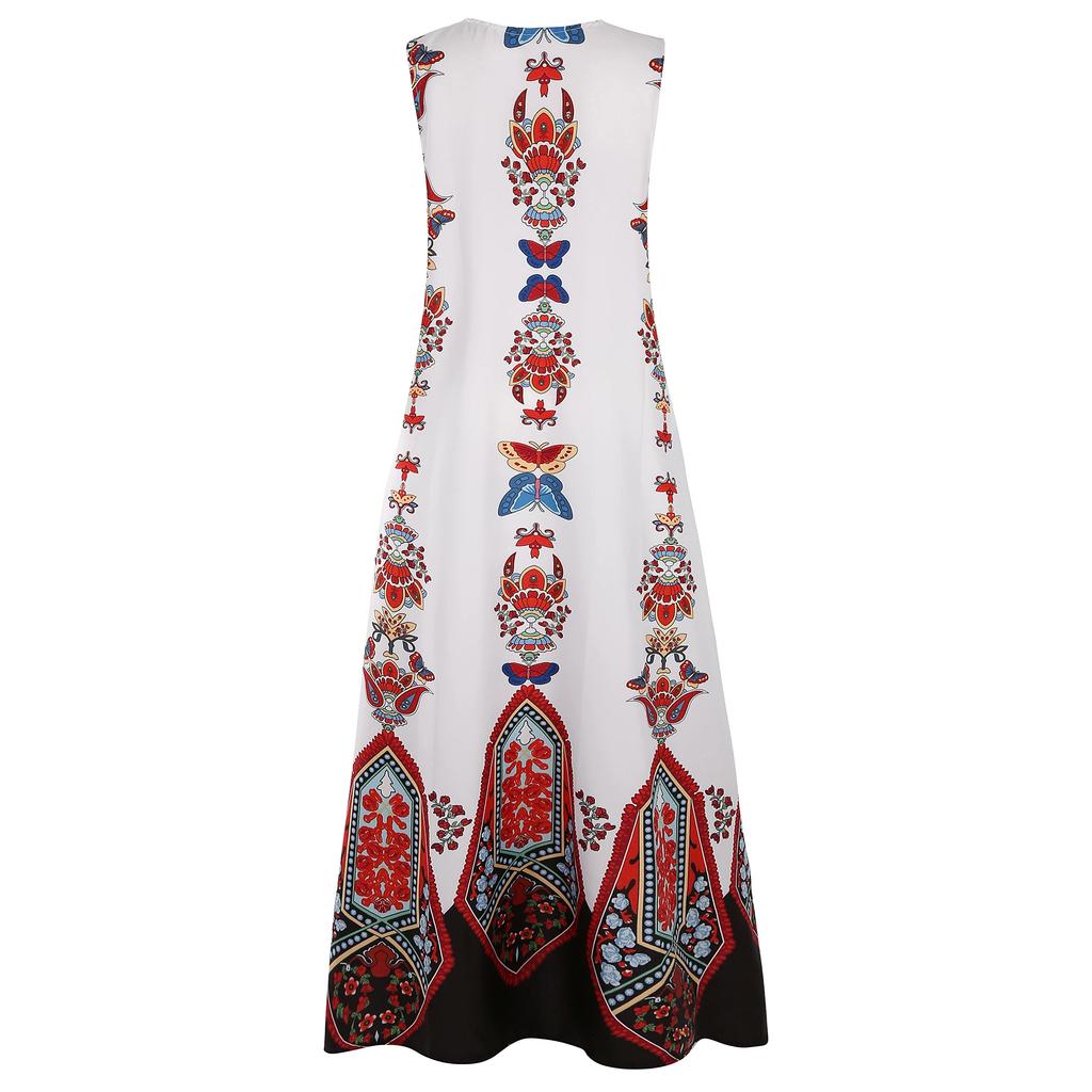 A Retro Printed Loose V-neck Sleeveless Pocket Summer Floor-length Dress