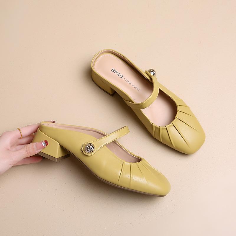 2025 Spring and Autumn New Square Head with Simple Mary Jane Shoes French Thick Heel Low Heel Shallow Mouth Fold Half Drag Women