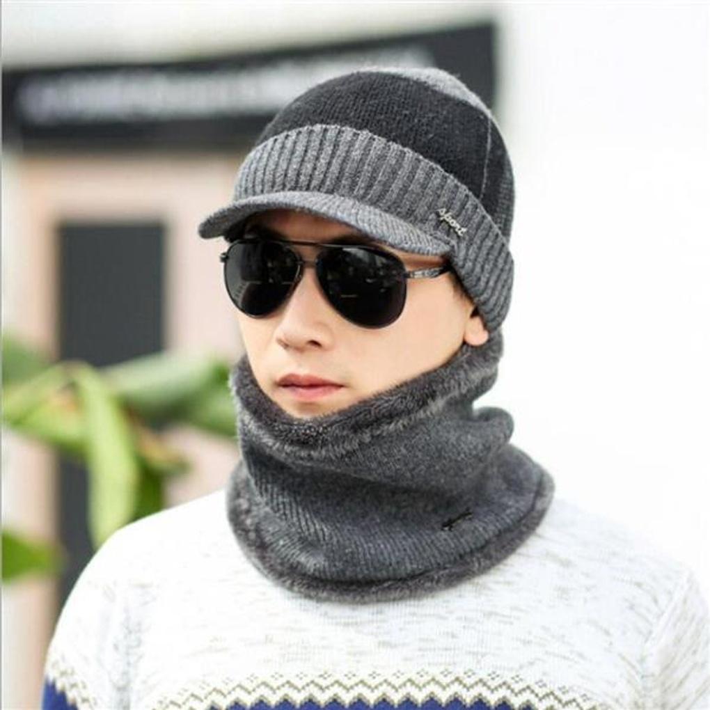 Neckwarmer Knit Brim Hat Set (Gray)/Fur Hat Winter Hat