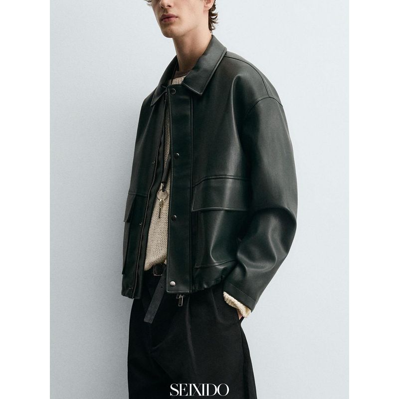 Cabinet 699! Autumn and Winter Men's Faux Leather Loose Jacket 3046314 529 Workwear Lapel Pu Leather Jacket