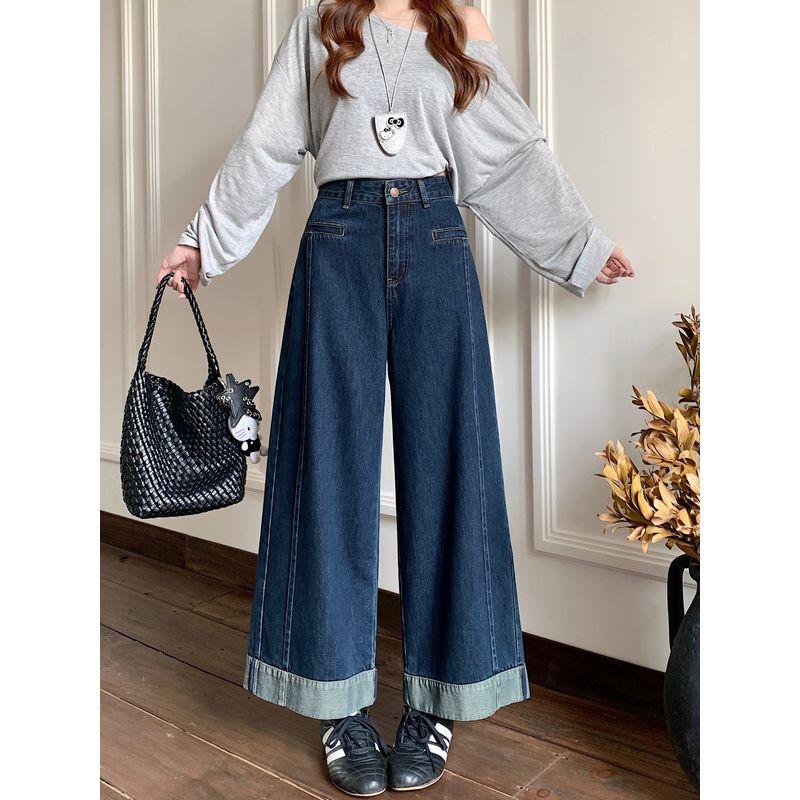 

Kumikumi American vintage Distressed Washed Blue Jeans Women Autumn High Waist Slimming Wide Leg Pants Straight Pants Blue XL