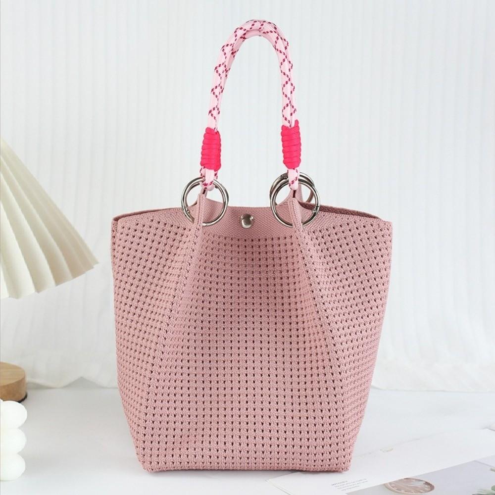 Fashion Soild Color Knitted Bucket Bag Handmade Large Capacity Wrist Bag Woven Ring Buckle Tote Bag For Women Girls