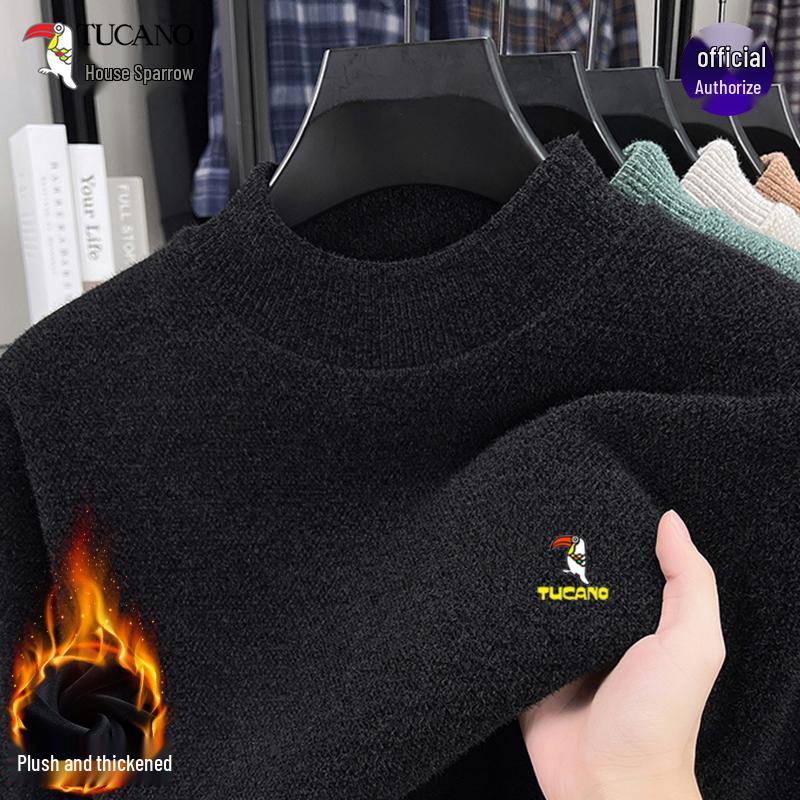 Woodpecker Men s Thickened Winter Knit Sweater - Half-High Collar, Velvet-Lined Base Layer 4XL (185-200 lbs) чёрный