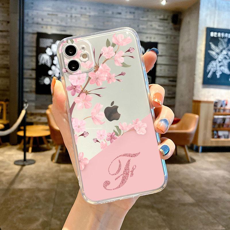 

Прозрачный чехол для Apple iPhone 14 11 13 12 Pro 7 8 Plus XR X XS Max 6 6S 13Pro, чехол для телефона с цветком и буквой, розовый ABC Fashion Initial iPhone X XS