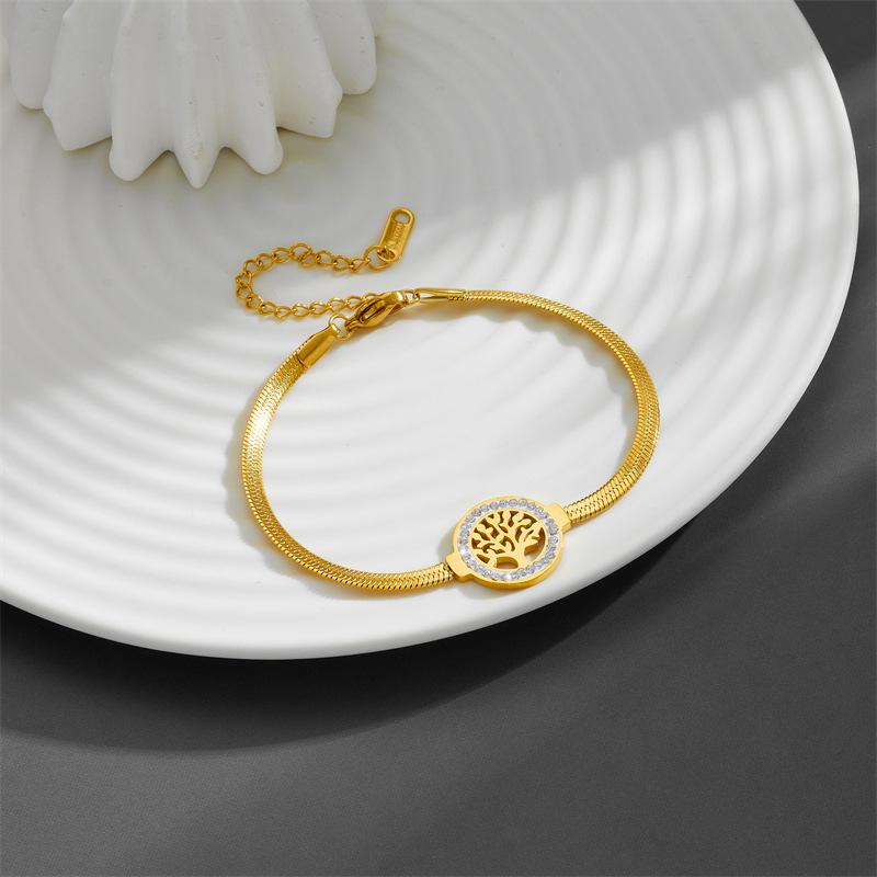 Women's Stainless Steel Tree of Life Bracelet with Zircon Inlay - Non-Fading Titanium Steel