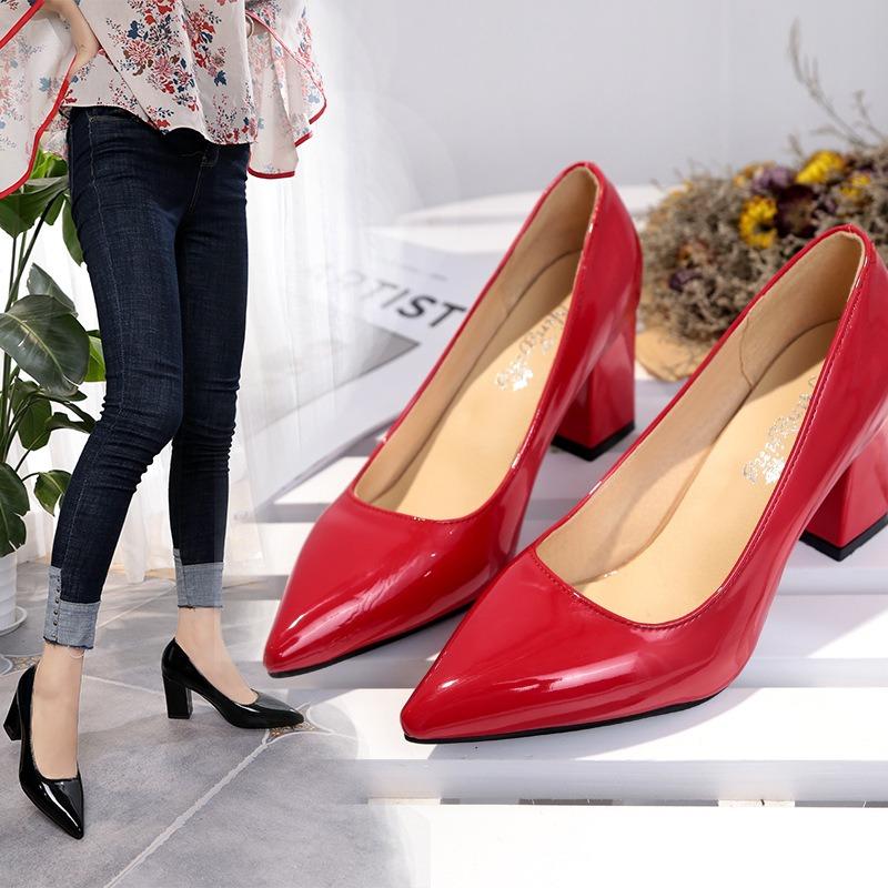 High heels women's new women's shoes spring pointed head shallow mouth single shoes women's thick heel middle heel fashion shoes size 43