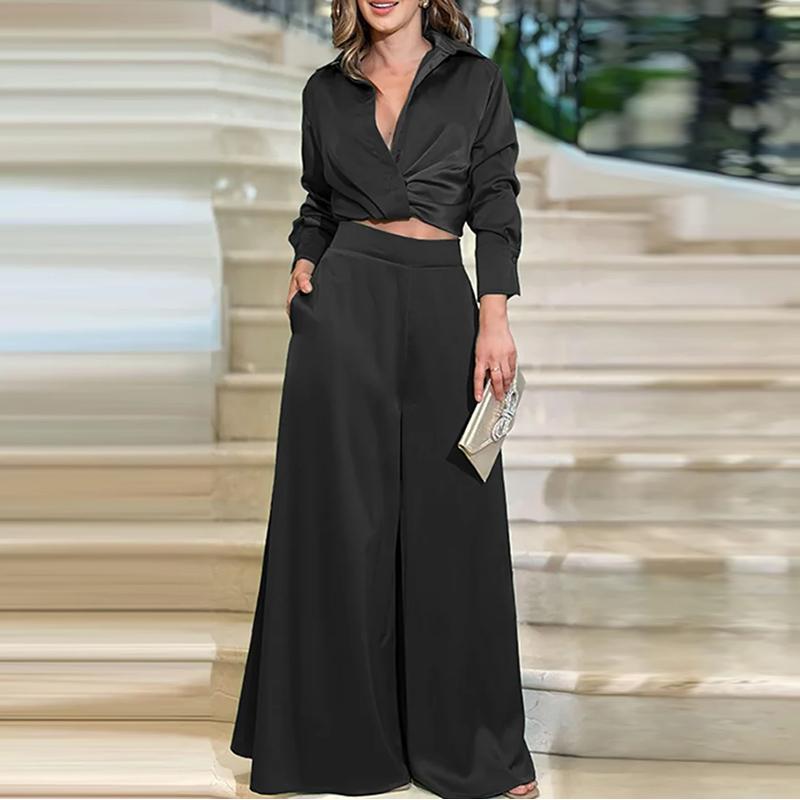 

VONDA Жіночі модні атласні одноколірні сорочки з довгим рукавом і широкими брюками 5XL чорний