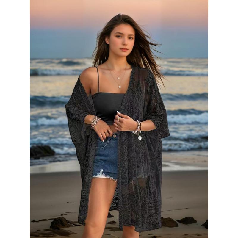 

Плюс Размер Женский Сексуальный Прозрачный Кружевной Вышитый Кардиган Пляжный Бикини Солнцезащитный Халатик One size чёрный