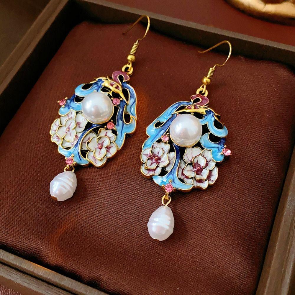 Exquisite Vintage Earrings Flower Chinese Style Earrings Retro Cloisonne Drop Earrings  Hanfu