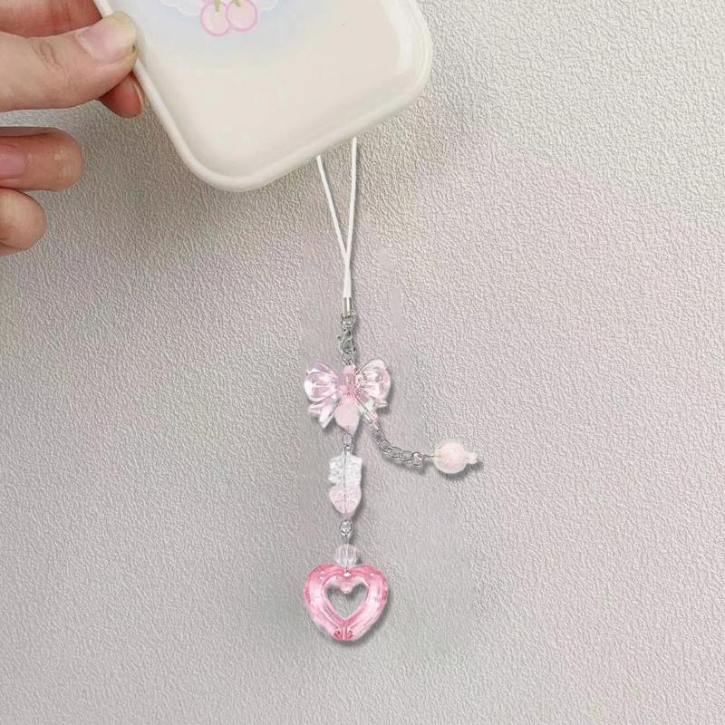 Sweet Bowknot Heart Bead Pendant Phone Straps Lanyard Pocket Keychain Strap