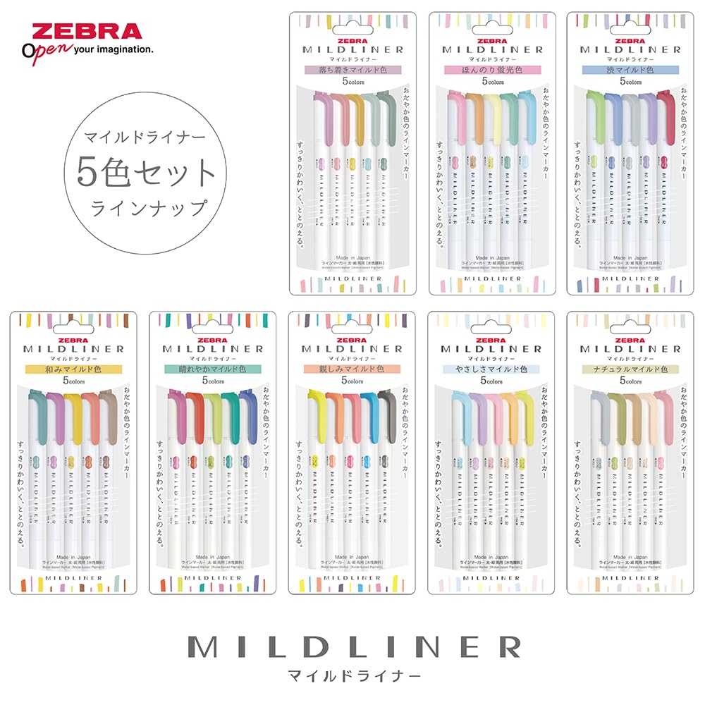 Zebra Mildliner Textmarker-Set WKT7-5C-OT, Mild & Ruhig Weiche Farb-Doppelspitzmarker, 5 Farben