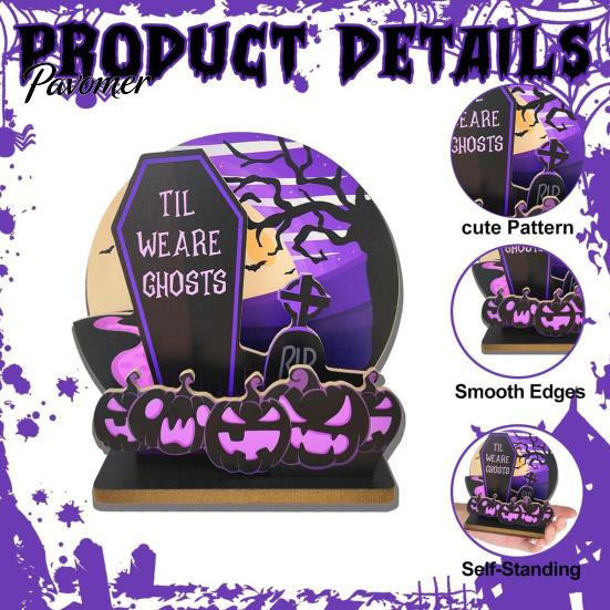 Indoor Festive Scene Layouts Halloween Table Centerpiece, Wooden Tombstone Pumpkin Tabletop Sign, Purple And Black Party Decor Spooky Cemetery