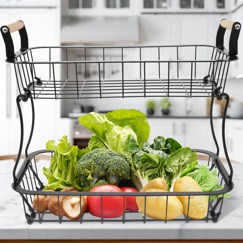 2-Tier Fruit Basket Detachable Metal Countertop Fruit Vegetable Basket with Wooden Handles for Bread Snack Veggies Storage NEW