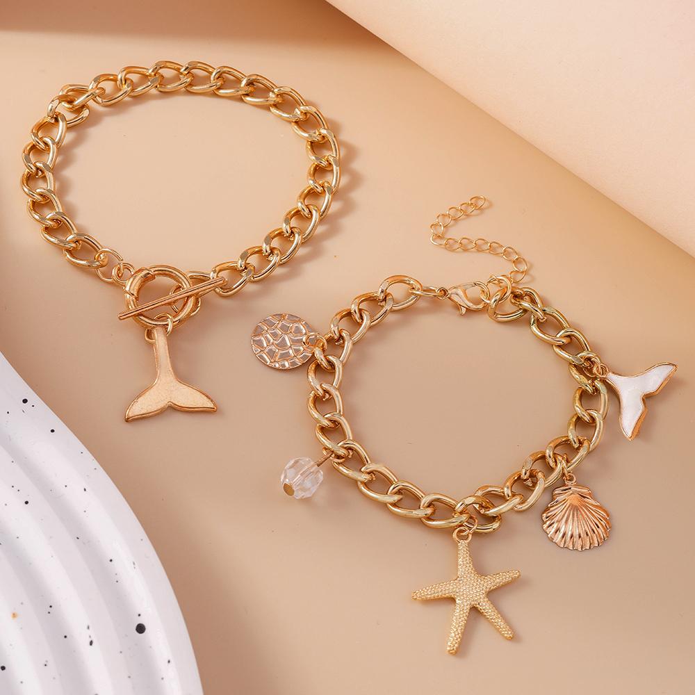 2pcs/set Gold Color Starfish Shell Bracelet for Women Girls Summer Beach Bracelets Chain Party Holiday Jewelry Gift