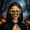 PU Skull Costume Mask with Half-Face Coverage, Gold Finish, Dark Shading, Eye Openings, and Open Nose and Mouth for Costume Party Wear