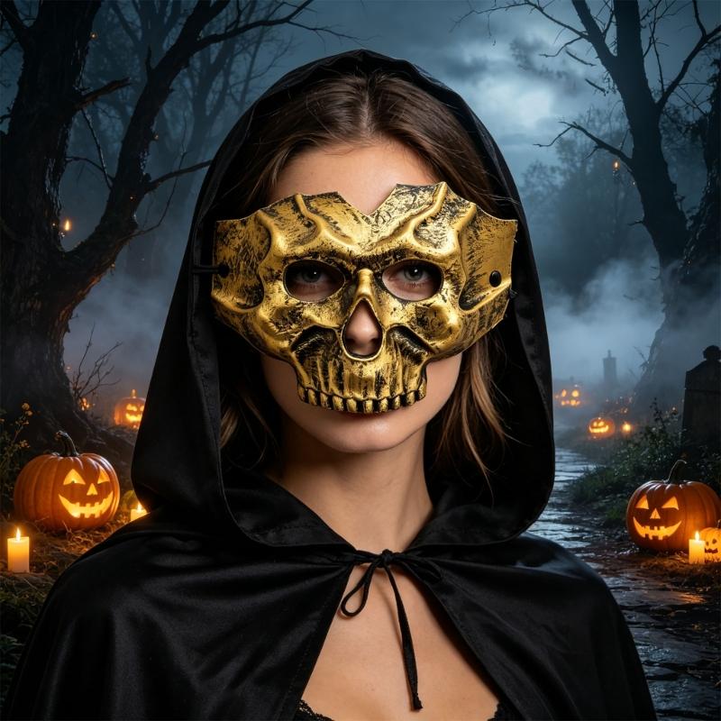 PU Skull Costume Mask with Half-Face Coverage, Gold Finish, Dark Shading, Eye Openings, and Open Nose and Mouth for Costume Party Wear
