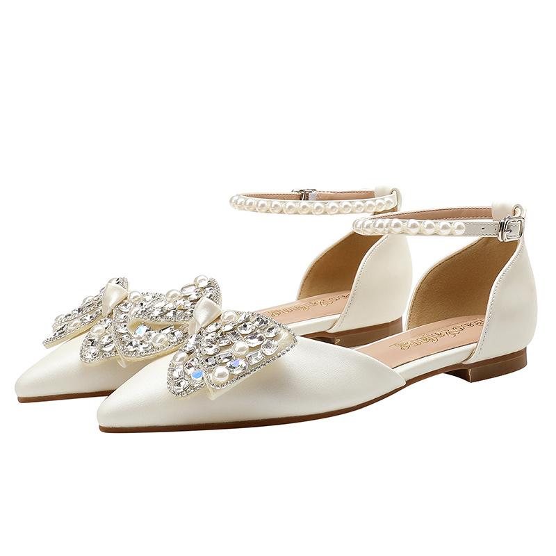 

New pointed rhinestone pearl buckle hollow word with flat bottom pointed pearl women s shoes handmade bow wedding shoes batch 34 слоновая кость