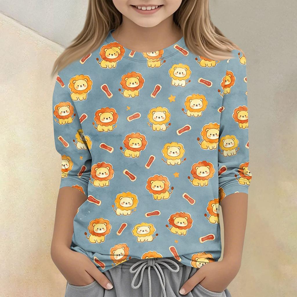 Kids Animal Print Crew Neck 3/4 Sleeve Casual T Shirt Soft Fabric Comfortable Fit Lightweight Design Suitable for Everyday Wear