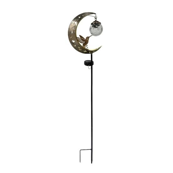 Hummingbird Moon Solar Light, Metal Crescent with Crackle Glass Ball Garden Stake, Solar Pathway Light for Yard Patio Lawn Outdoor Decor 1pc A