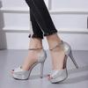 Mode Guld/Silver Damsandaler Sexiga Peep Toe Plattform Spänne Rem Strass Omslag Klackade Tunn Hög Klack Fest Bröllopssko