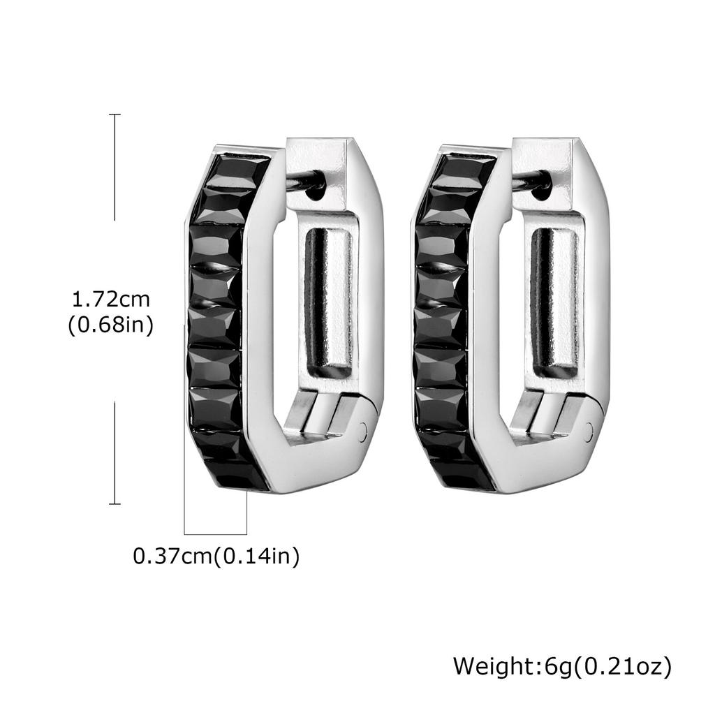 Vintage C-Shaped Rectangular Zircon Earrings for Men,Stainless Steel Hip-Hop Huggies Hoop Earring,Black Rhinestone Earring Gift