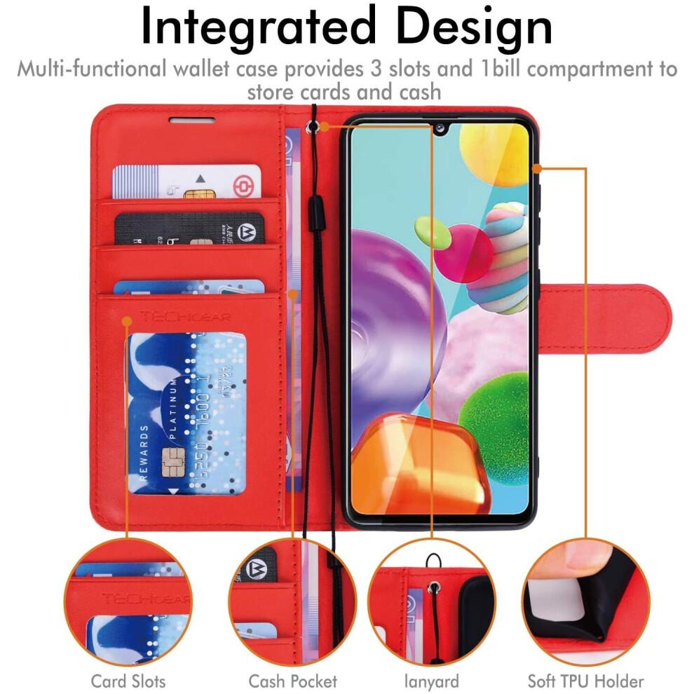 Galaxy A21s Leather Wallet Case, Flip Protective Case Cover with Wallet Card Holder, Stand and Wrist Strap - Red