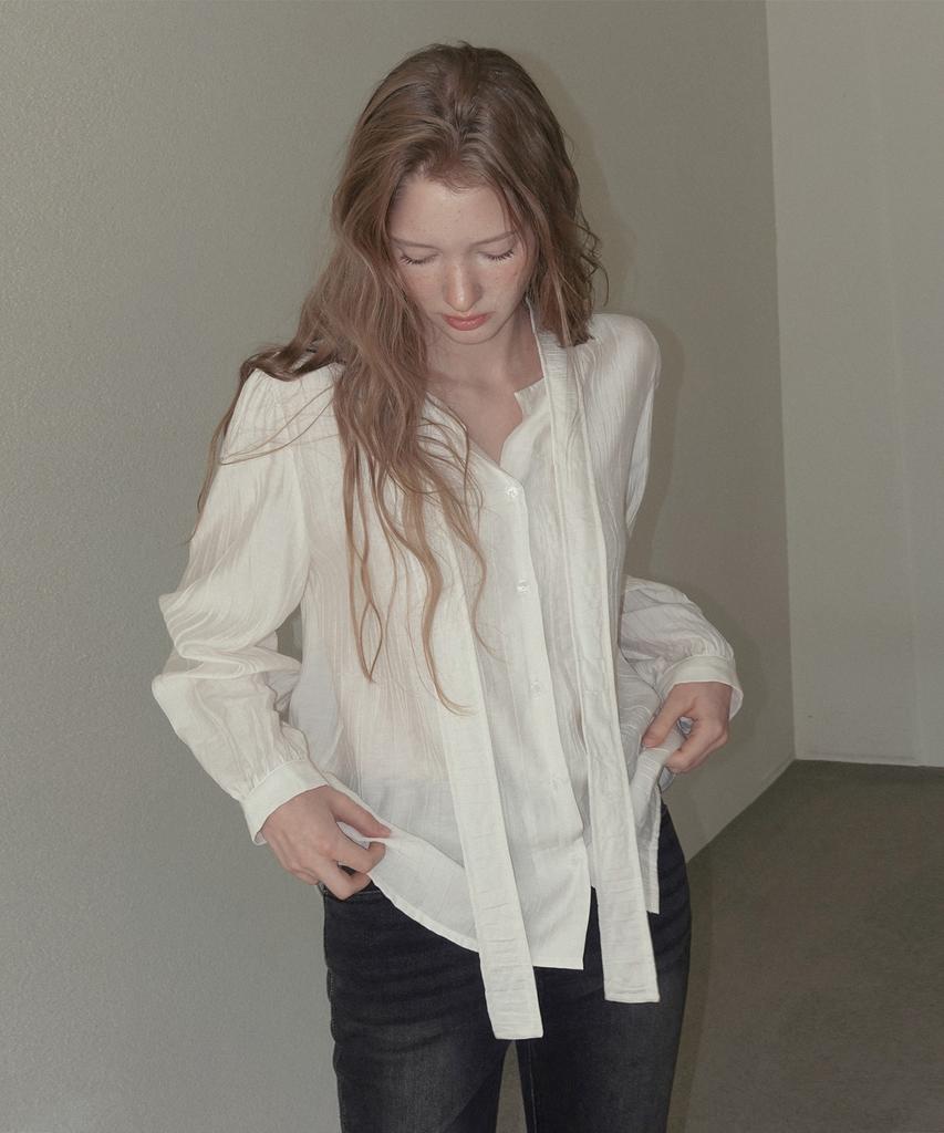 TWEE Birkin Wrinkle Pintuck Tie Long Sleeve Blouse