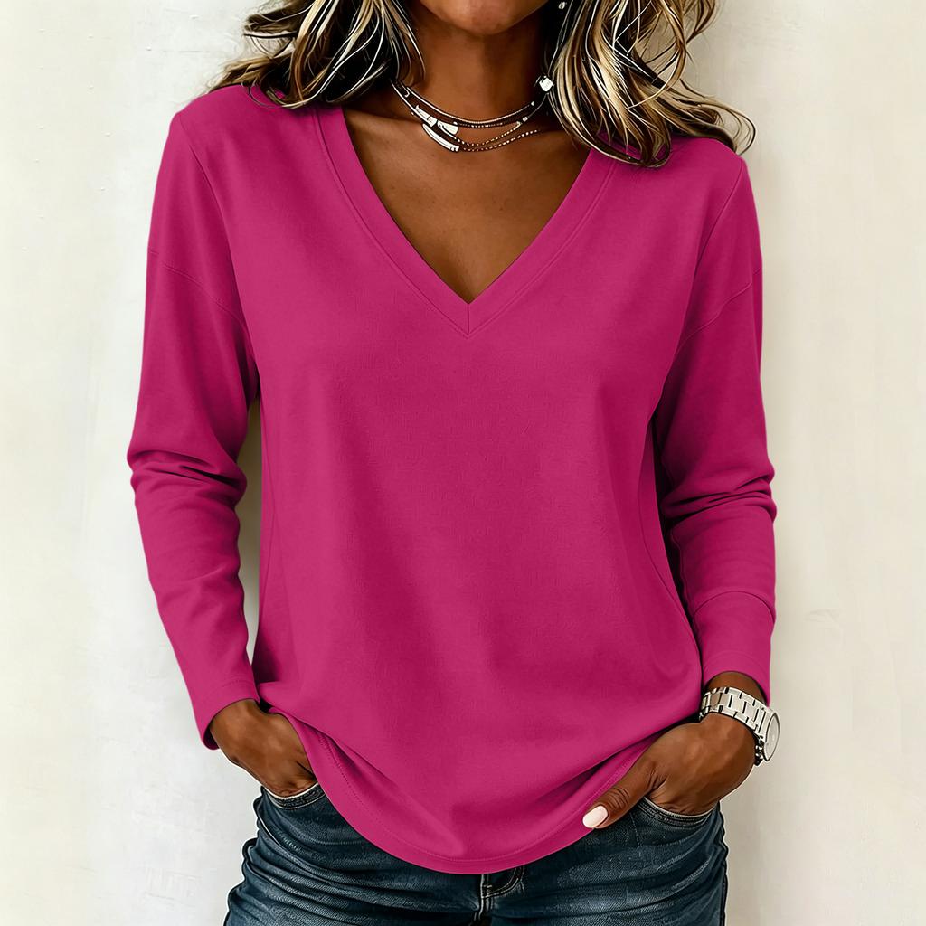 Damen Langarm Lockerer V-Ausschnitt Lässiger Pullover Top Leichter Weicher Dehnbarer Stoff Bequeme Alltagskleidung
