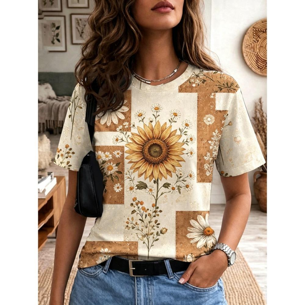 Women's Patchwork Lavender Floral Round Neck T-Shirt, Short Sleeve Casual Tops Green Vintage Daily Wear for Spring Summer