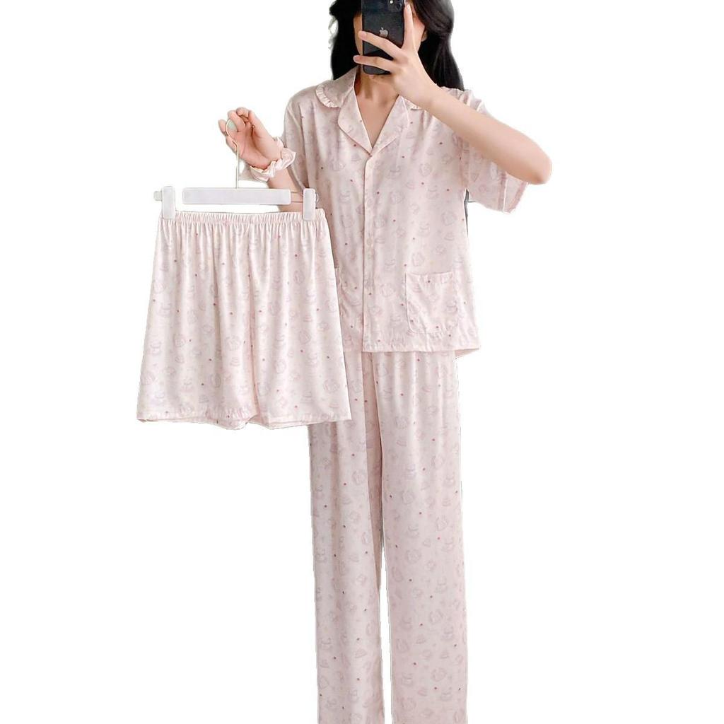 Women's Cute Cartoon Ice Silk Pajama Set - Short-Sleeved Three-Piece Summer Loungewear (TX0043)