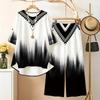 Women's 2‑Piece Outfit, Geometric Grid 3/4 Sleeve Irregular Hem Top & Wide Leg Pants Set, Casual Loose Matching Suit
