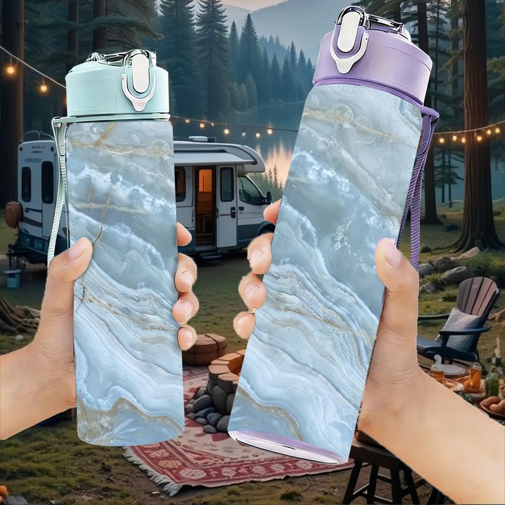1PC Pale Blue Grey Wavy Marble Texture Background 750ml Color Plastic Sports Water Bottle Leakproof Flip Straw Lid Suitable for Sports Office Home Use