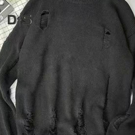 Men Fall Winter Sweater Ripped Hole Solid Color Round Neck Knitted Retro Japanese Style Mid Length Loose Long Sleeve Soft Warm Pullover Men Sweater