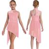 Girls Sleeveless Mock Neck Leotard Dress – Asymmetrical Shoulder Floral Lace with Rhinestones, Irregular Hem for Lyric Dance