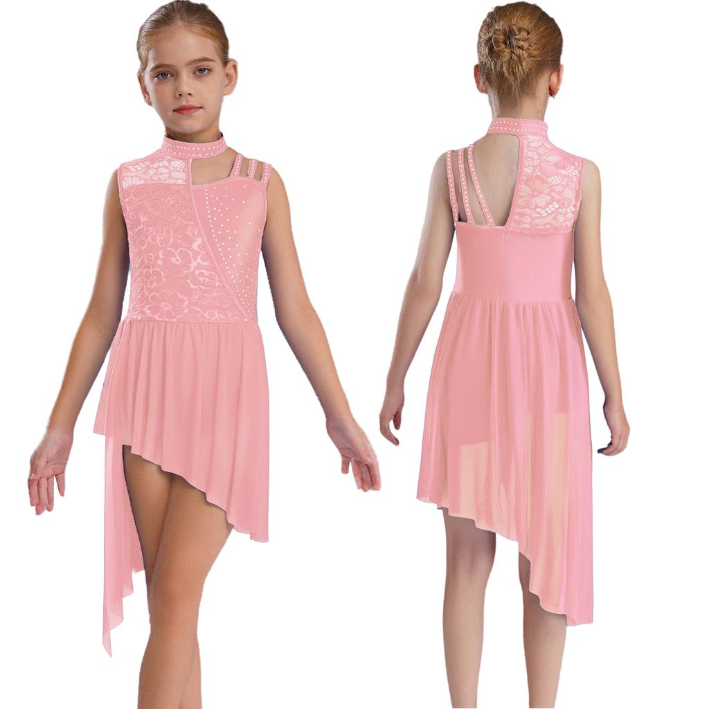 Girls Sleeveless Mock Neck Leotard Dress – Asymmetrical Shoulder Floral Lace with Rhinestones, Irregular Hem for Lyric Dance