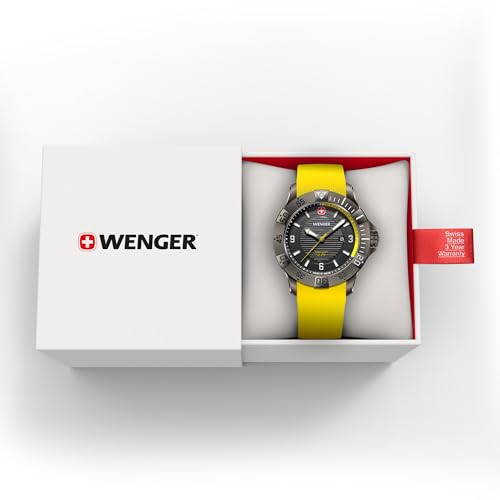 [.co.jp Exclusive] WENGER SEAFORCE Men's Quartz Analog Watch with Stainless Steel Case (316L), Black Ice Dial, Yellow Silicone Strap, 200m Water Resis