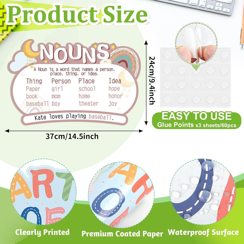10 Pcs Parts of Speech Posters for Classroom, Boho Classroom Bulletin Board Decor for Elementary Middle High School, Grammar Educational Posters