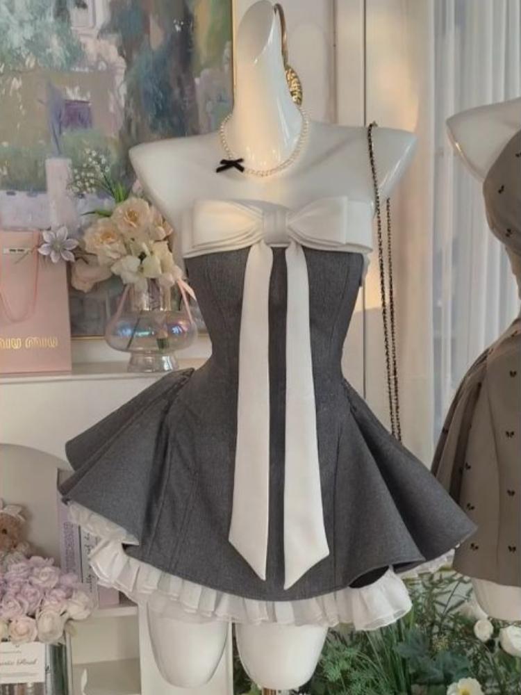 

Летнее Новое Винтажное Элегантное Женское Платье Без Бретелей с Бантом Пэчворк Завышенная Талия Пышное Мини-платье Женское Французский Шик Сексуальные Наряды 2025 S серый